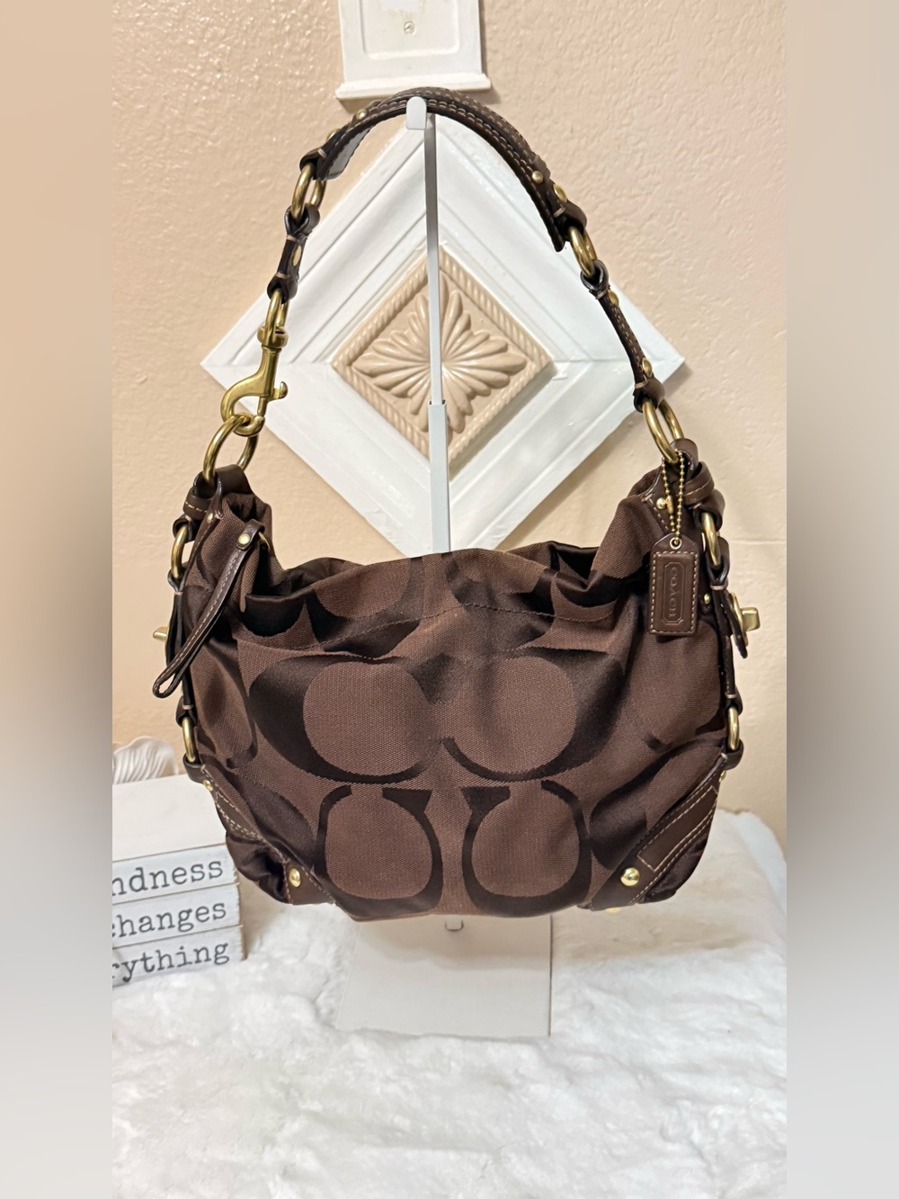 Coach Brown Signature Canvas Shoulder Bag with Brass Hardware